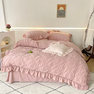 Pink Blue Korean Princess Twist Flowers Lace Ruffles Skin Friendly Bedding Set
